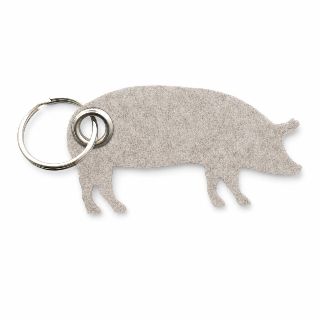 Filz-Schlüsselanhänger Schwein in Beige-meliert mit Metallöse und Schlüsselring – Werbeartikel aus 3 mm Filz