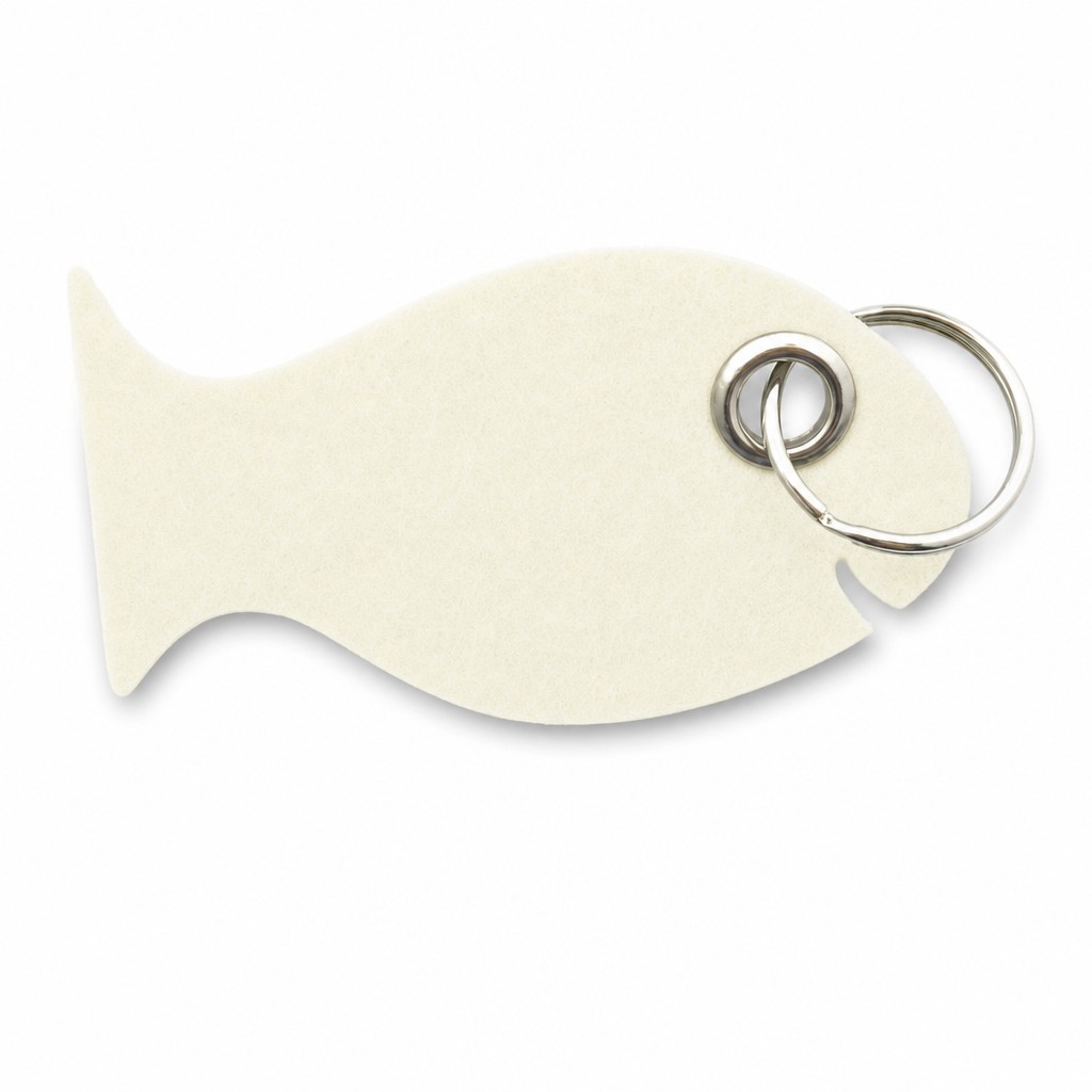 Filz-Schlüsselanhänger Fisch in Creme mit Metallöse und Schlüsselring – Werbeartikel aus 3 mm Filz