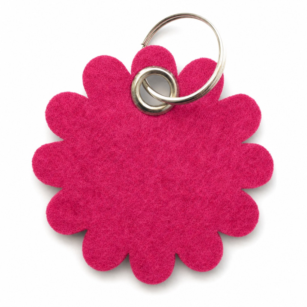 Filz-Schlüsselanhänger Blume rund in Dunkelpink-Magenta mit Metallöse und Schlüsselring – Werbeartikel aus 3 mm Filz