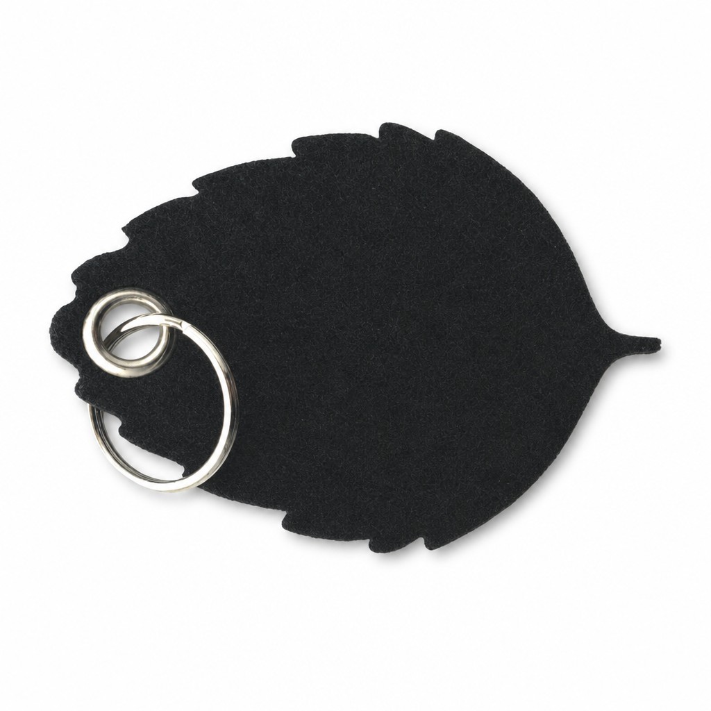 Filz-Schlüsselanhänger Blatt in Schwarz mit Metallöse und Schlüsselring – Werbeartikel aus 3 mm Filz