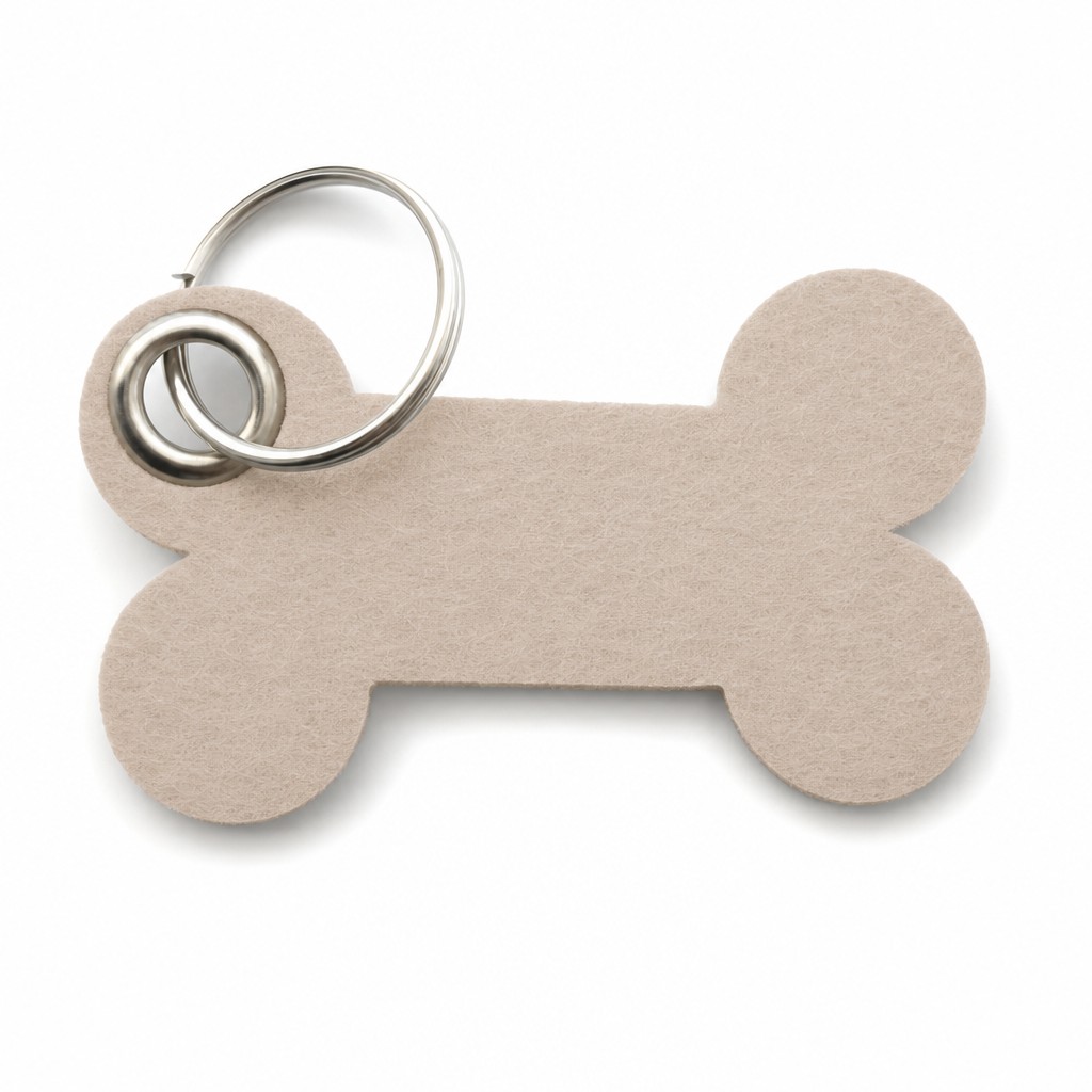Filz-Schlüsselanhänger Knochen in Beige mit Metallöse und Schlüsselring – Werbeartikel aus 3 mm Filz (mit KI bearbeitetes Bild)