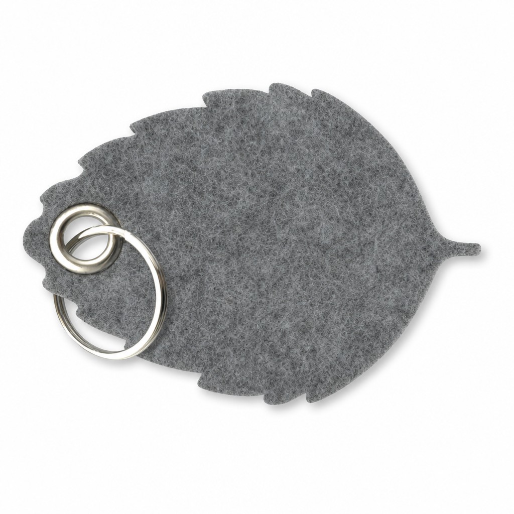 Filz-Schlüsselanhänger Blatt in Mittelgrau-meliert mit Metallöse und Schlüsselring – Werbeartikel aus 3 mm Filz