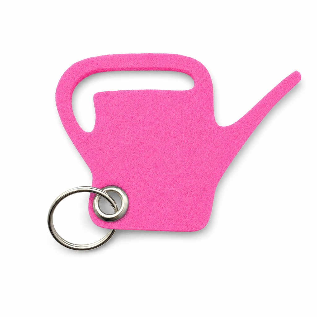 Filz-Schlüsselanhänger Gießkanne in Pink mit Metallöse und Schlüsselring – Werbeartikel aus 3 mm Filz
