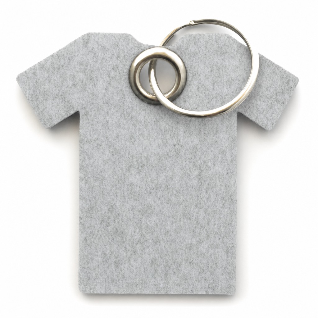 Filz-Schlüsselanhänger T-Shirt in Hellgrau-meliert mit Metallöse und Schlüsselring – Werbeartikel aus 3 mm Filz