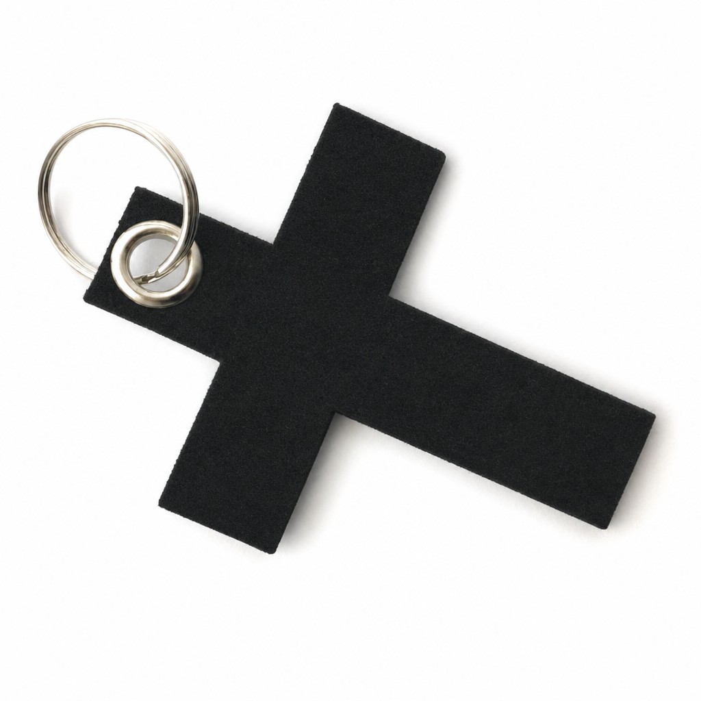 Filz-Schlüsselanhänger Kreuz groß in Schwarz mit Metallöse und Schlüsselring – Werbeartikel aus 3 mm Filz