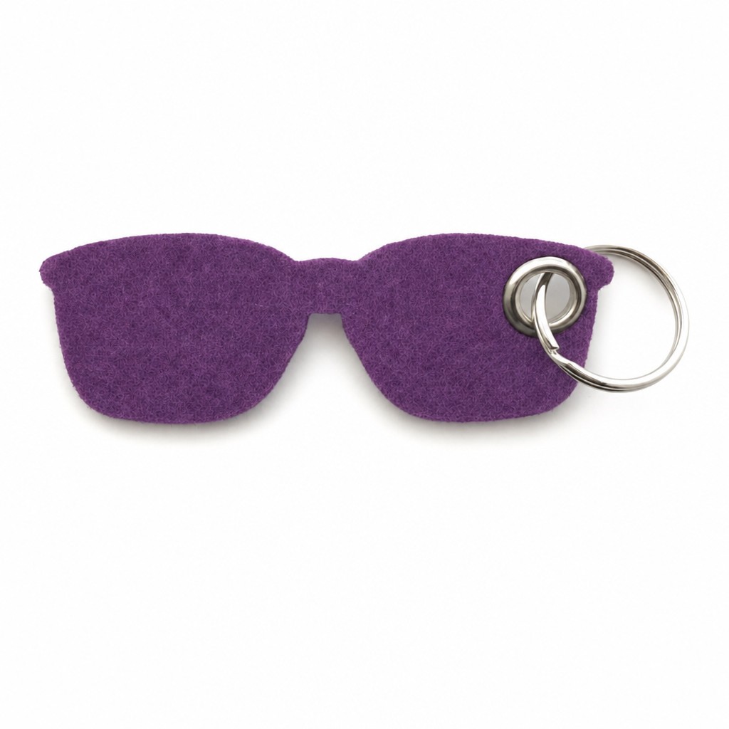 Filz-Schlüsselanhänger Brille in Lila mit Metallöse und Schlüsselring – Werbeartikel aus 3 mm Filz
