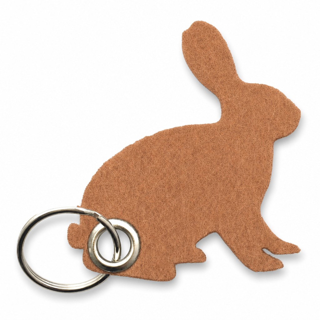 Filz-Schlüsselanhänger Hase in Hellbraun mit Metallöse und Schlüsselring – Werbeartikel aus 3 mm Filz (mit KI bearbeitetes Bild)