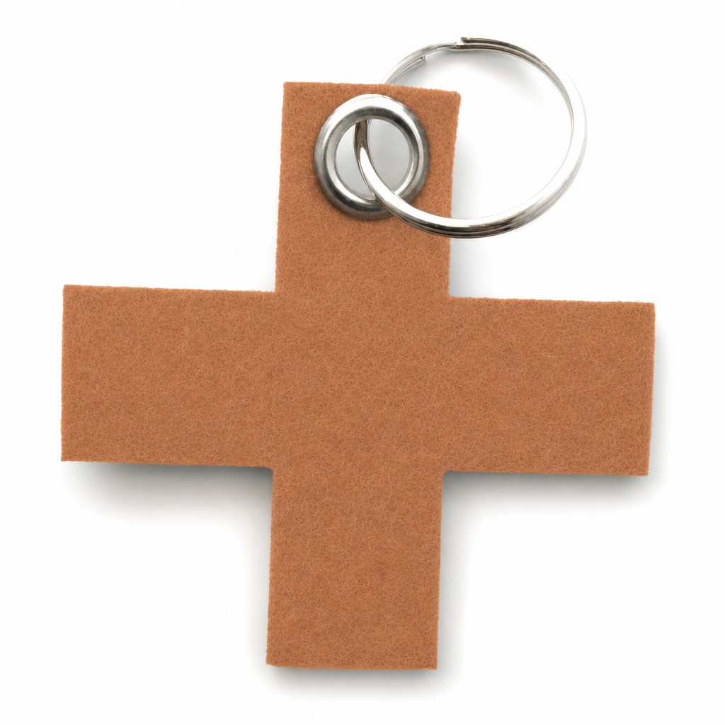 Filz-Schlüsselanhänger Kreuz klein in Hellbraun mit Metallöse und Schlüsselring – Werbeartikel aus 3 mm Filz