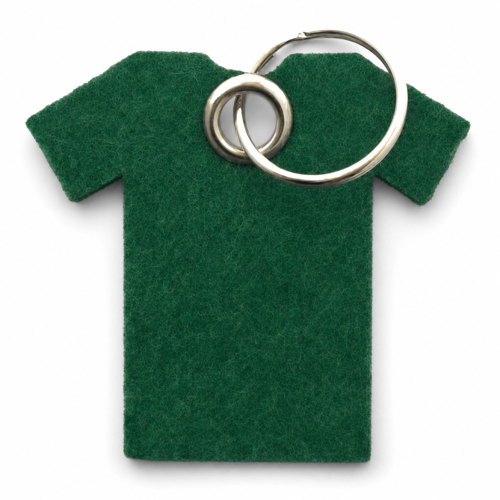 Filz-Schlüsselanhänger T-Shirt in Dunkelgrün mit Metallöse und Schlüsselring – Werbeartikel aus 3 mm Filz