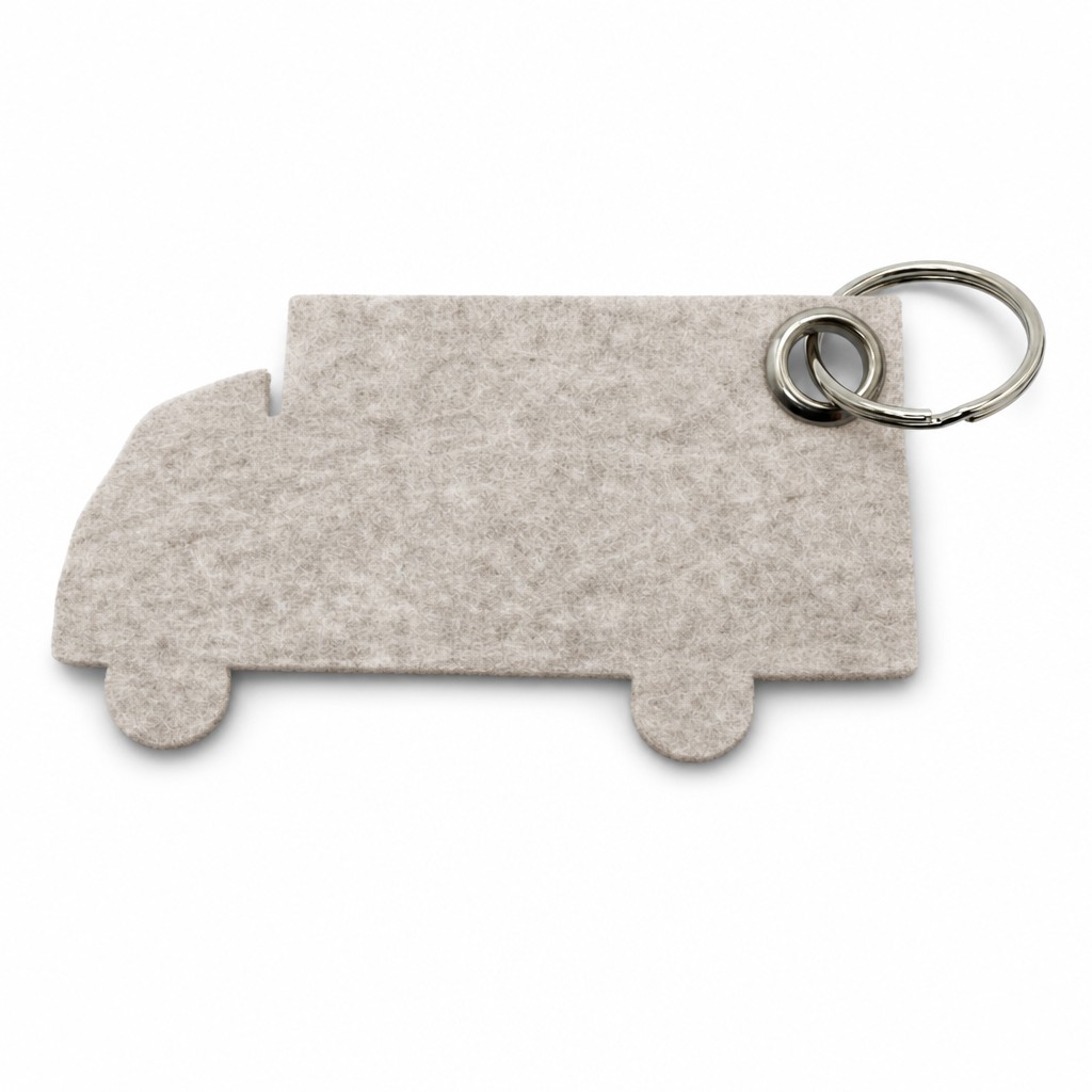 Filz-Schlüsselanhänger LKW in Beige-meliert mit Metallöse und Schlüsselring – Werbeartikel aus 3 mm Filz