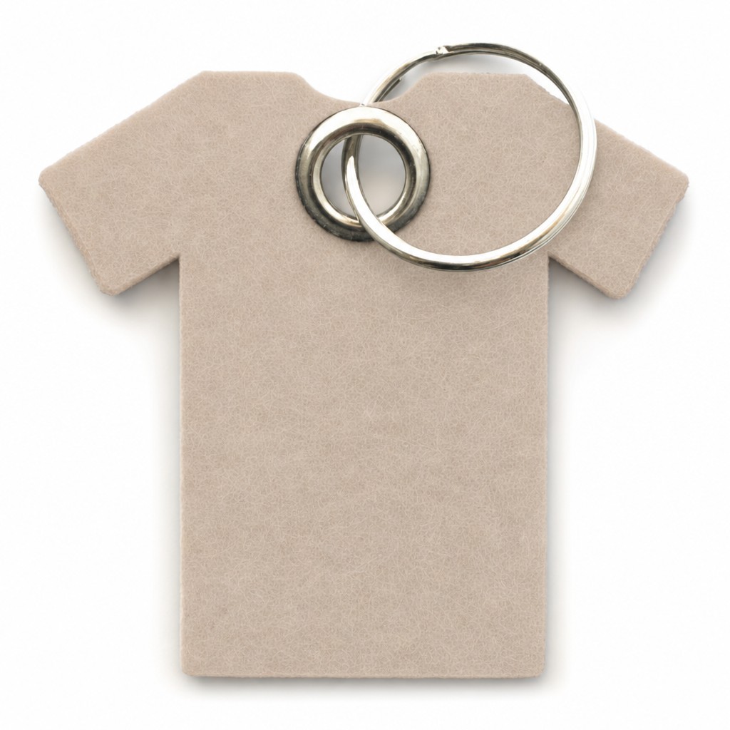Filz-Schlüsselanhänger T-Shirt in Beige mit Metallöse und Schlüsselring – Werbeartikel aus 3 mm Filz