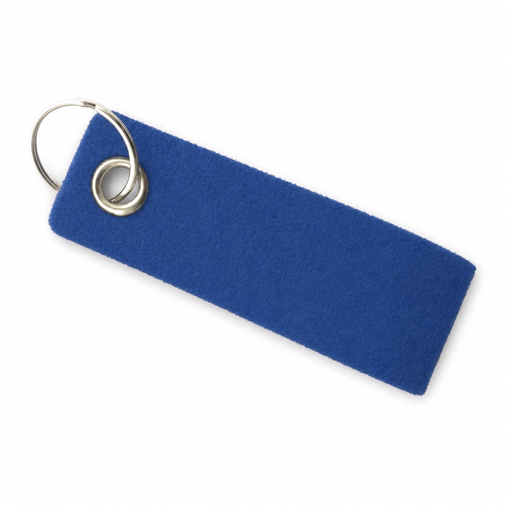 Filz-Schlüsselanhänger Schlaufe 90 × 30 mm in Blau mit Metallöse und Schlüsselring – Werbeartikel aus 3 mm Filz