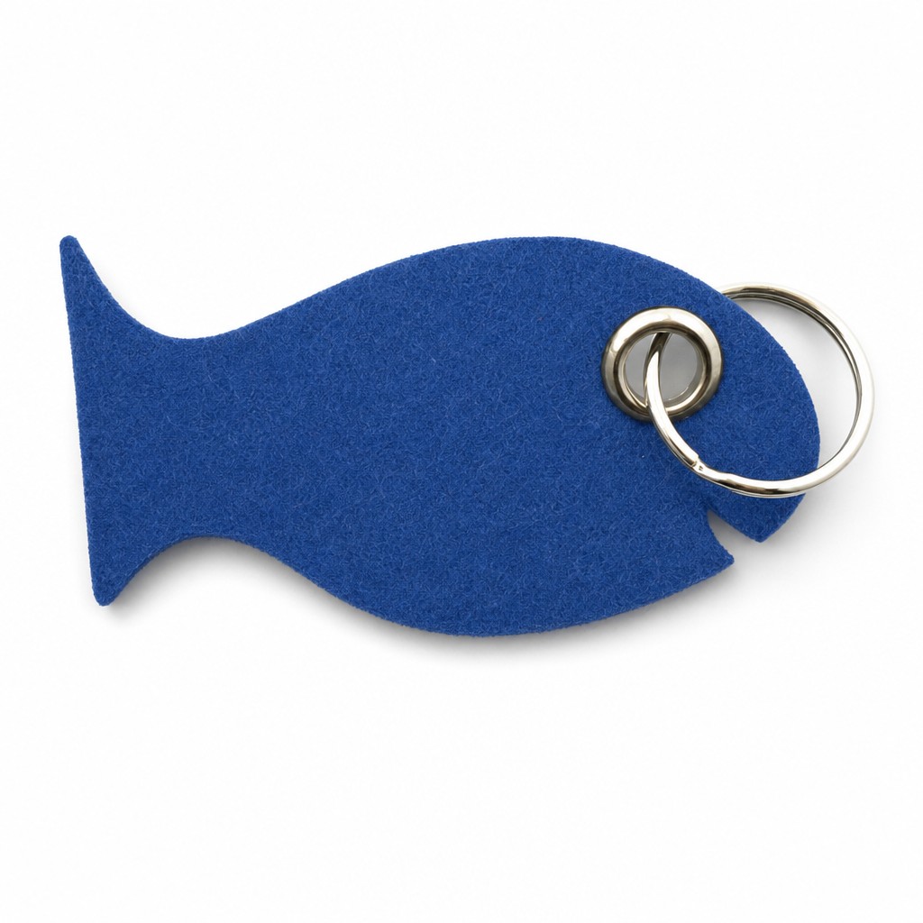 Filz-Schlüsselanhänger Fisch in Blau mit Metallöse und Schlüsselring – Werbeartikel aus 3 mm Filz