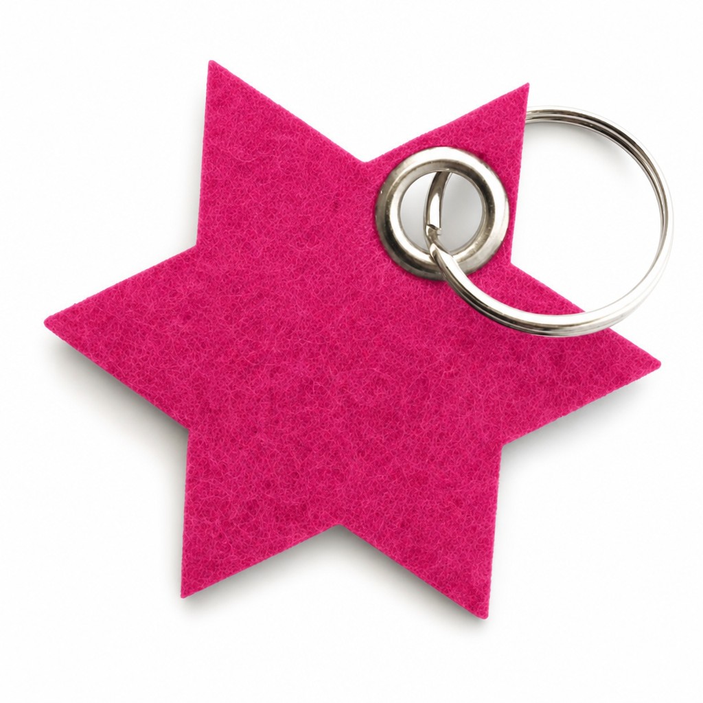 Filz-Schlüsselanhänger Stern in Dunkelpink-Magenta mit Metallöse und Schlüsselring – Werbeartikel aus 3 mm Filz