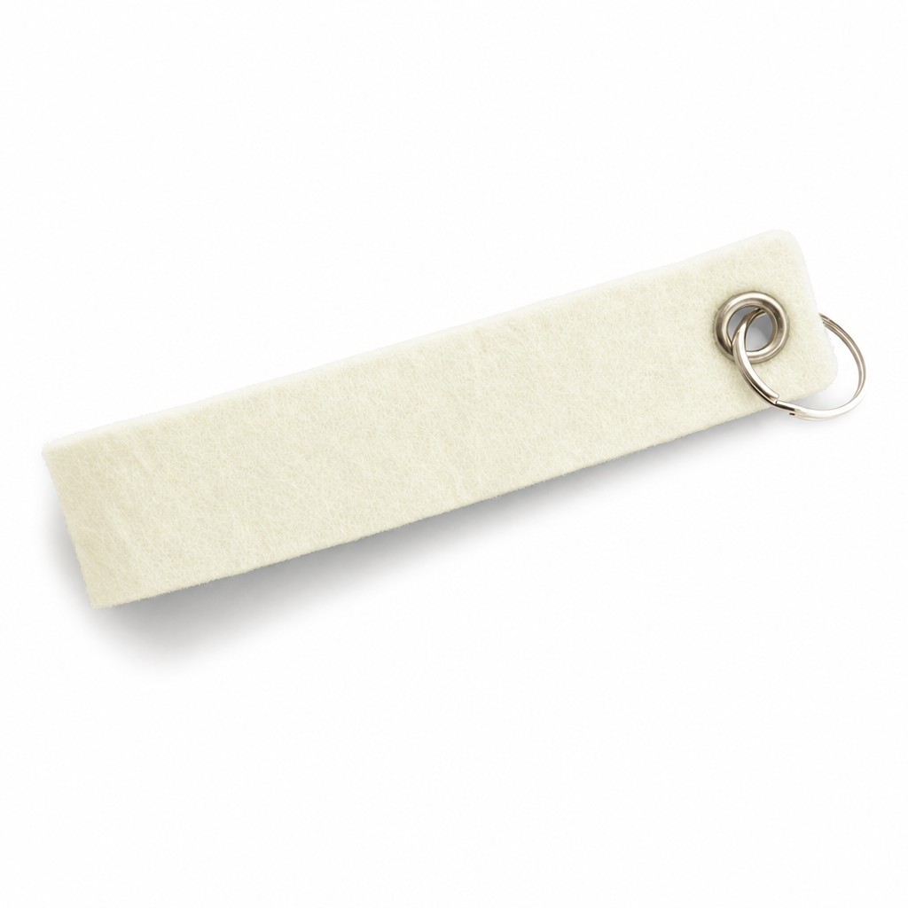 Filz-Schlüsselanhänger Schlaufe 140 × 30 mm in Creme mit Metallöse und Schlüsselring – Werbeartikel aus 3 mm Filz