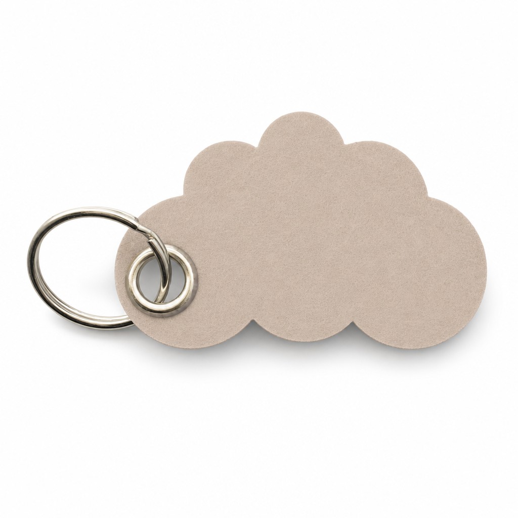 Filz-Schlüsselanhänger Wolke in Beige mit Metallöse und Schlüsselring – Werbeartikel aus 3 mm Filz