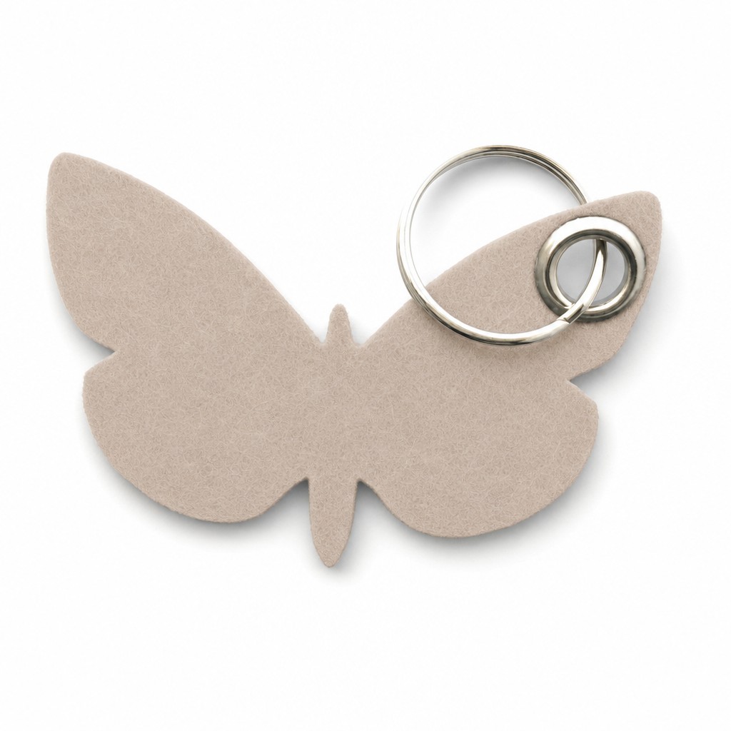 Filz-Schlüsselanhänger Schmetterling in Beige mit Metallöse und Schlüsselring – Werbeartikel aus 3 mm Filz