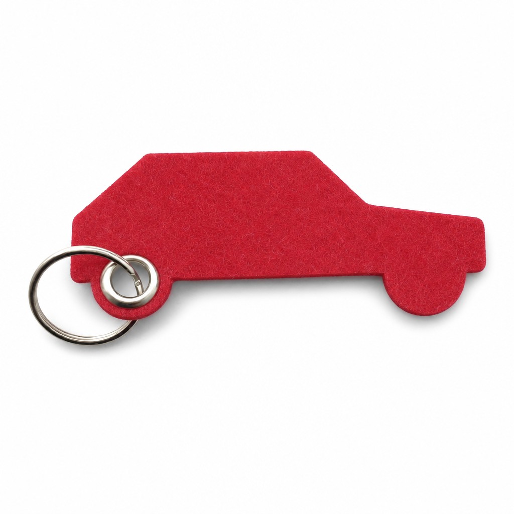 Filz-Schlüsselanhänger Retro-Auto in Rot mit Metallöse und Schlüsselring – Werbeartikel aus 3 mm Filz (mit KI bearbeitetes Bild)