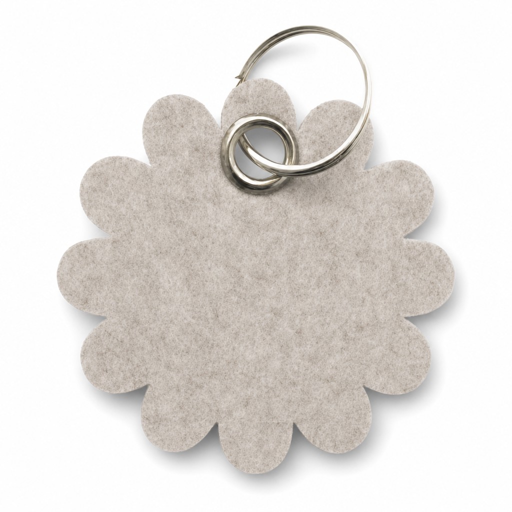 Filz-Schlüsselanhänger Blume rund in Beige-meliert mit Metallöse und Schlüsselring – Werbeartikel aus 3 mm Filz
