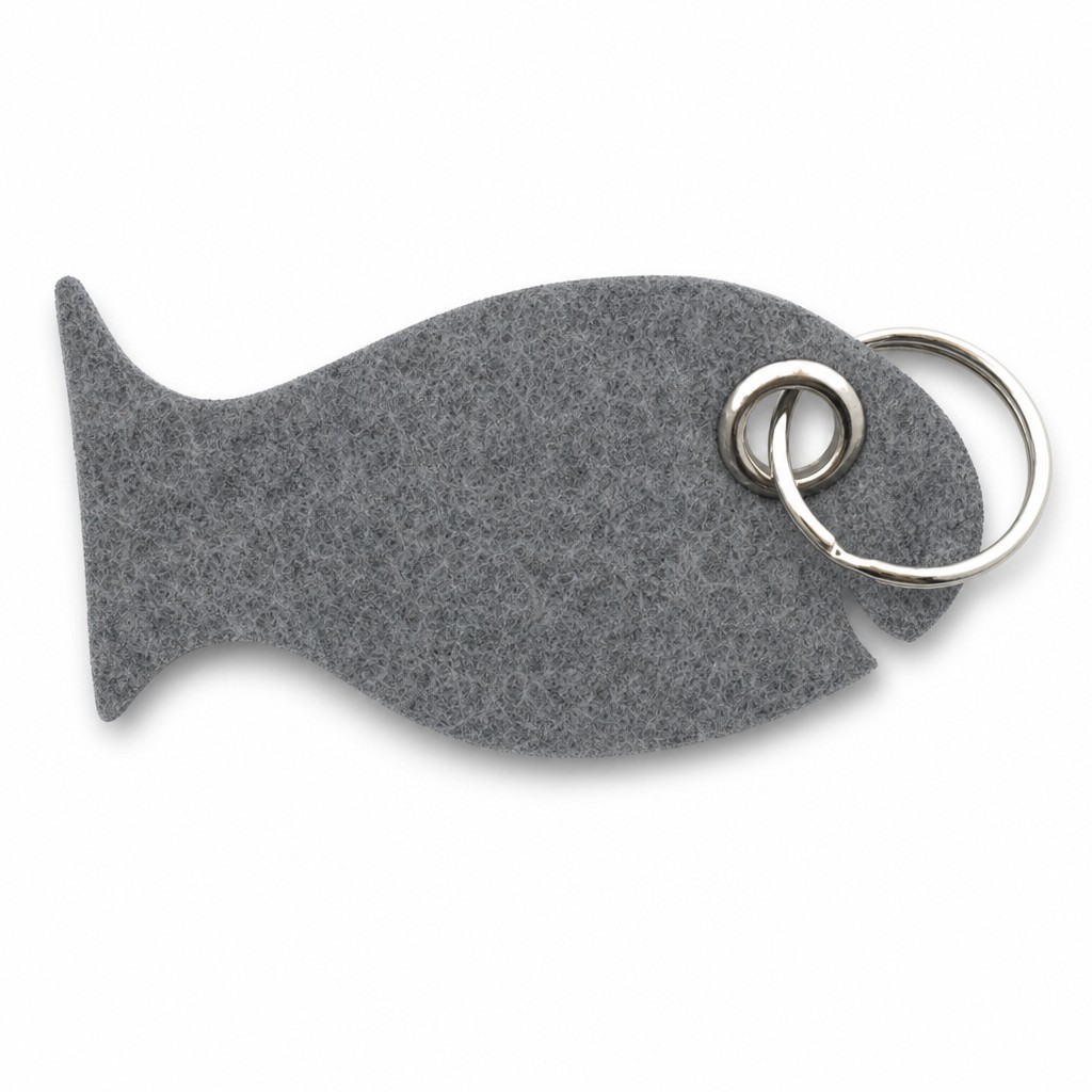 Filz-Schlüsselanhänger Fisch in Mittelgrau-meliert mit Metallöse und Schlüsselring – Werbeartikel aus 3 mm Filz