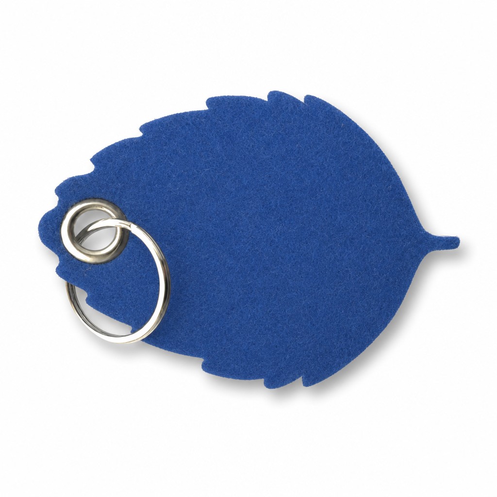 Filz-Schlüsselanhänger Blatt in Blau mit Metallöse und Schlüsselring – Werbeartikel aus 3 mm Filz