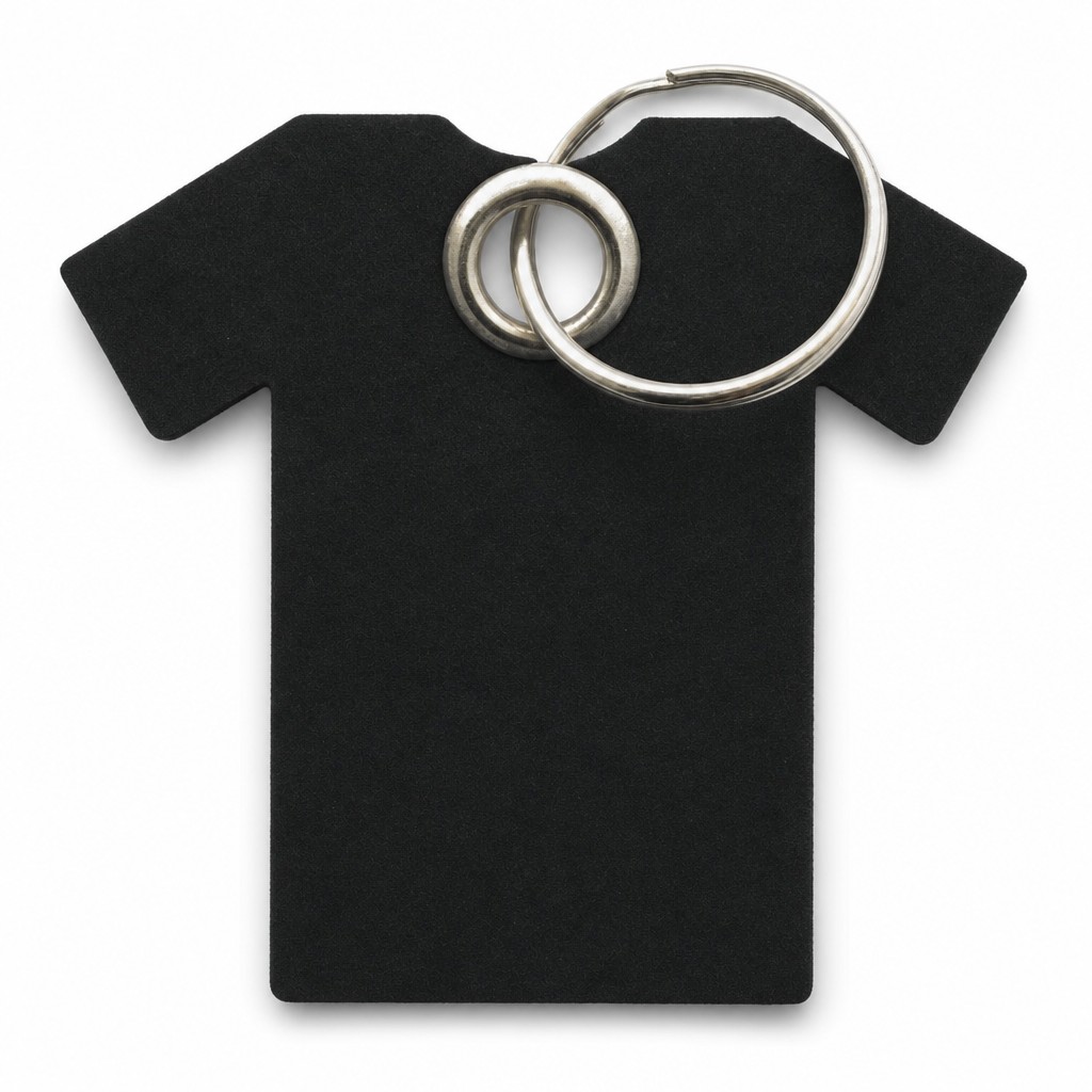 Filz-Schlüsselanhänger T-Shirt in Schwarz mit Metallöse und Schlüsselring – Werbeartikel aus 3 mm Filz