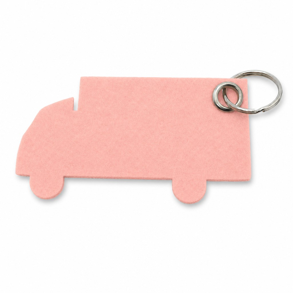 Filz-Schlüsselanhänger LKW in Rosa mit Metallöse und Schlüsselring – Werbeartikel aus 3 mm Filz