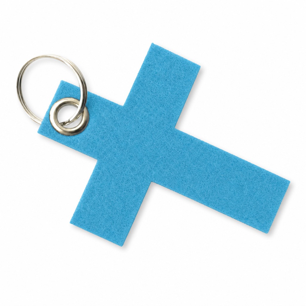 Filz-Schlüsselanhänger Kreuz groß in Hellblau mit Metallöse und Schlüsselring – Werbeartikel aus 3 mm Filz