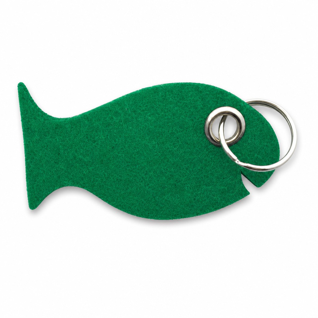 Filz-Schlüsselanhänger Fisch in Grün mit Metallöse und Schlüsselring – Werbeartikel aus 3 mm Filz