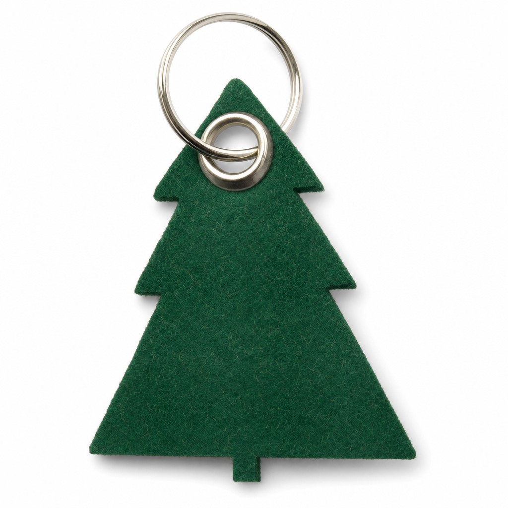 Filz-Schlüsselanhänger Tannenbaum in Dunkelgrün mit Metallöse und Schlüsselring – Werbeartikel aus 3 mm Filz